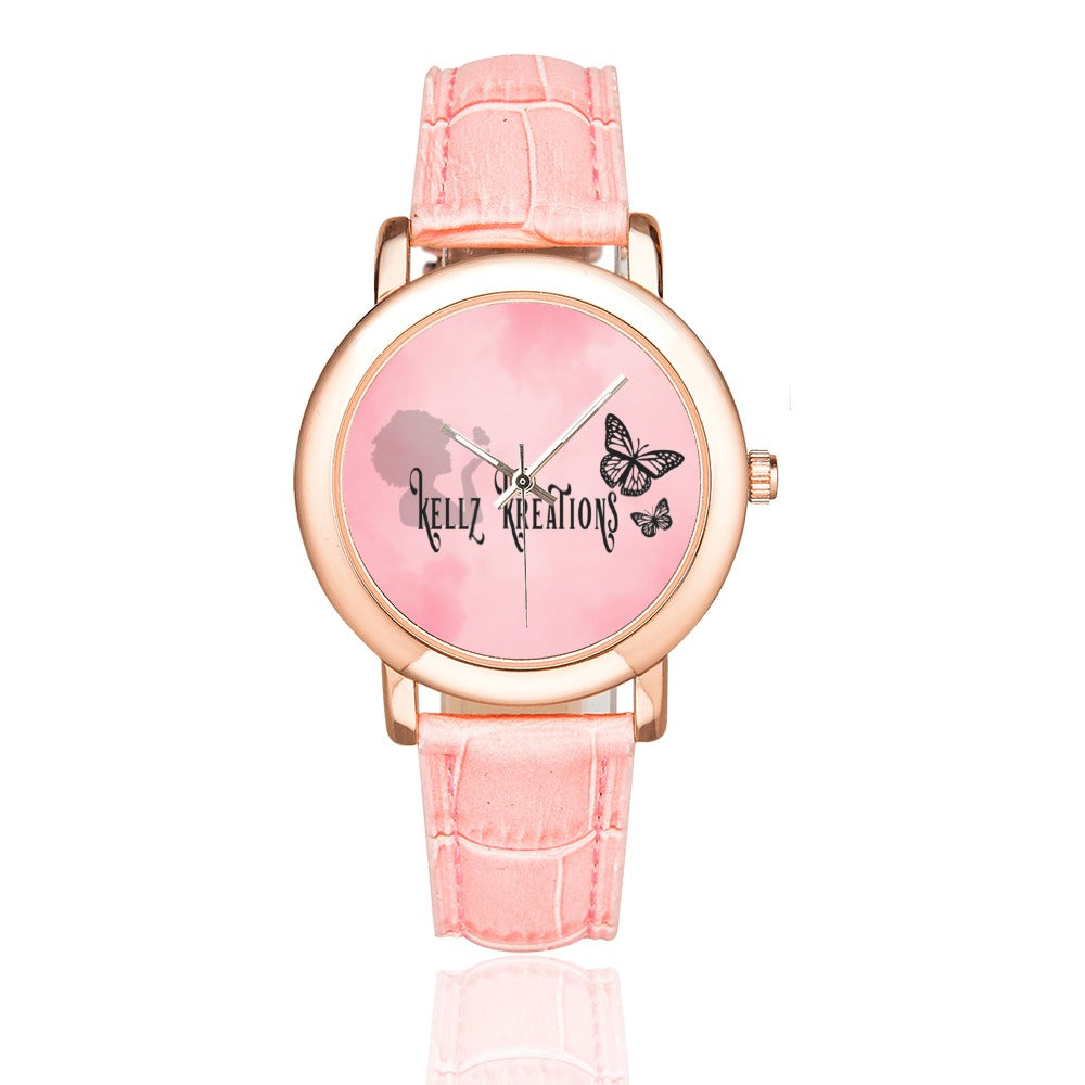 pink logo watch Women's Rose Gold Leather Strap Watch